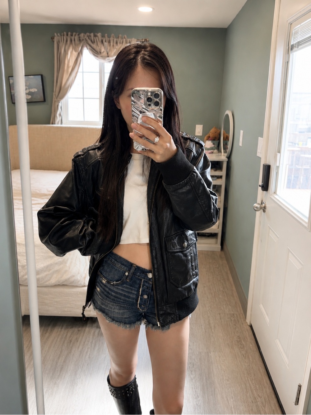 Vintage Real Leather Bomber Jacket Black Biker Moto Oversized Y2K - Picture 2 of 9